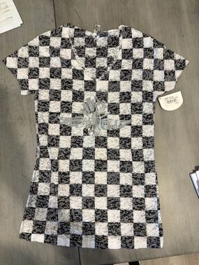 Checkered Black & White V-Neck Graphic Tee